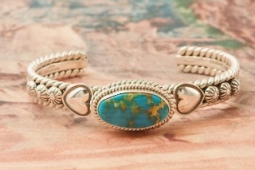 Artie Yellowhorse Genuine Mineral Park Turquoise Sterling Silver Heart Bracelet
